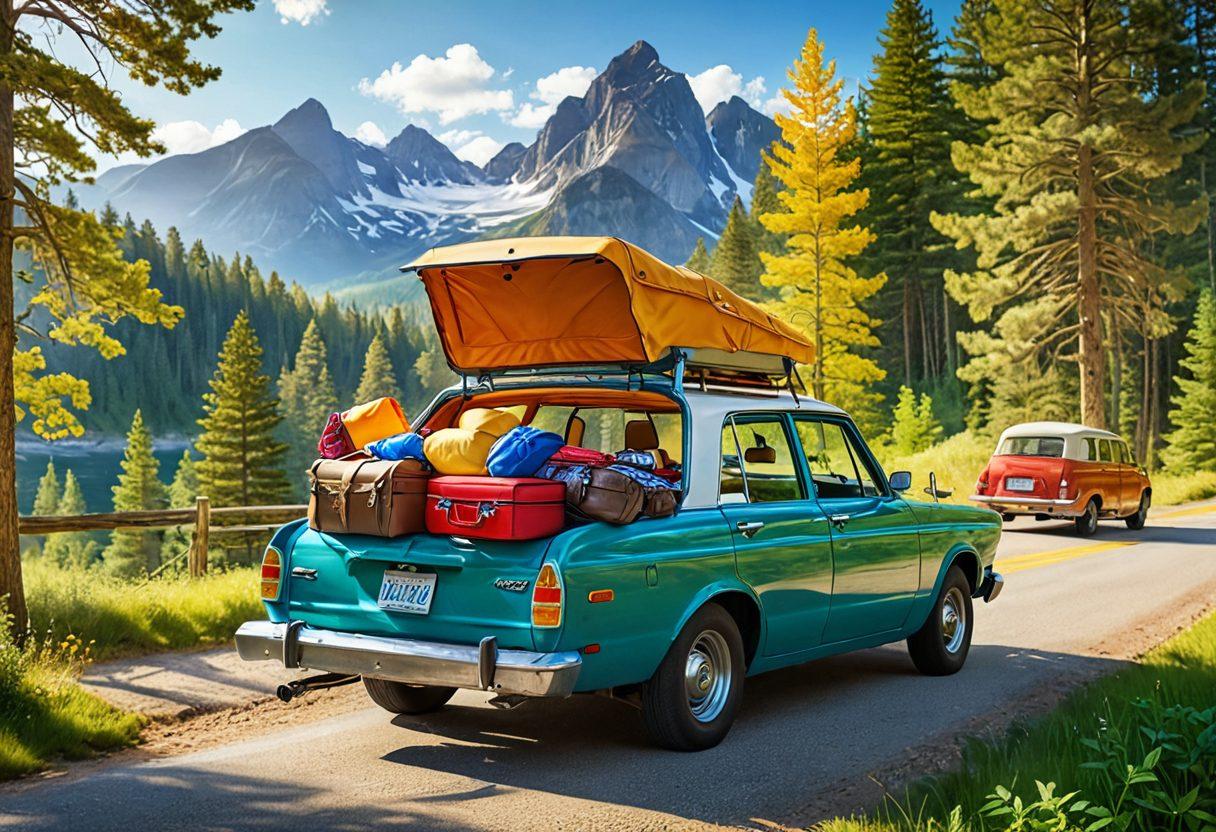 A picturesque road trip scene featuring a packed car with colorful luggage on top, surrounded by lush green forests and mountains in the background. A happy family is loading the car with camping gear and a picnic basket, enjoying the bright sunshine. Include elements like a winding road and a scenic overview of a natural landscape. vibrant colors. super-realistic.