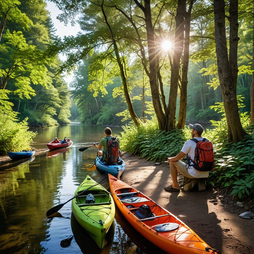 A serene river road winding through lush green woods, with sunlight filtering through the tree leaves. In the foreground, an assortment of adventure gear like backpacks, fishing rods, and kayaks, all designed for happiness and exploration. A couple of friends laughing and enjoying their outdoor experience by the river. Soft, inviting colors with a focus on nature and adventure. super-realistic. vibrant colors.