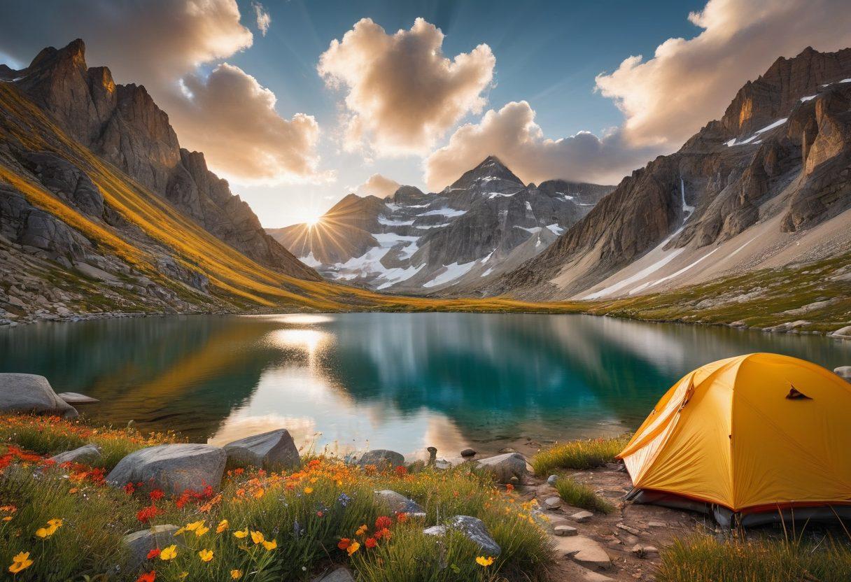 A breathtaking panoramic view of a rugged mountain landscape with a hiker setting up a colorful tent near a tranquil lake. Surrounding the scene are essential outdoor equipment such as a backpack, a cooking stove, sleeping bags, and hiking gear. The sky is clear with fluffy clouds and the sun casting warm golden hues over the scenery. Include a few wildflowers in the foreground for a touch of nature. vibrant colors. super-realistic.